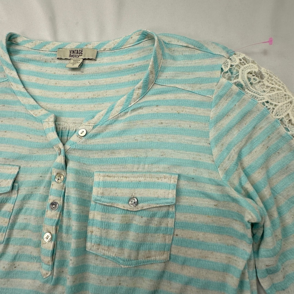 Vintage America Boho Lace Crochet Sleeve Striped Henley Knit‎ Top